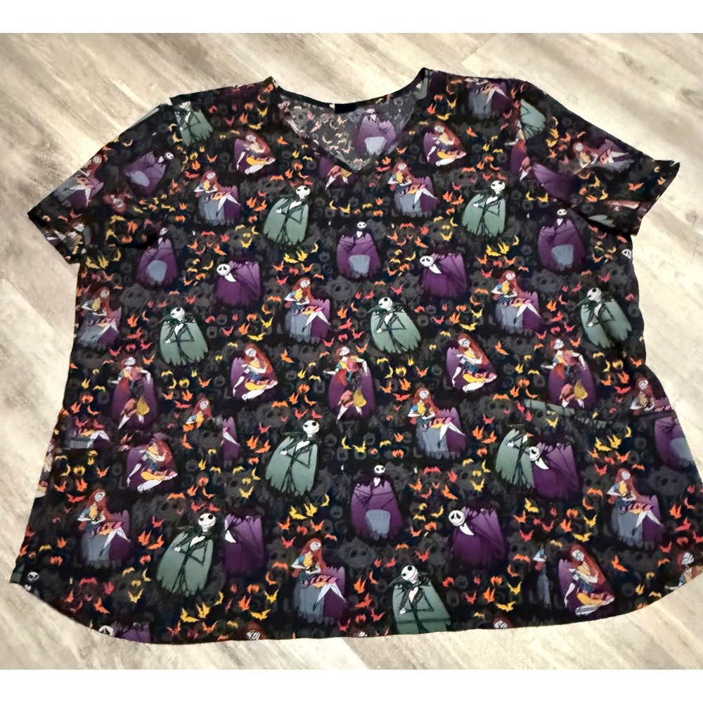 Disney Nightmare Before Christmas Jack Sally V-Neck Scrub Top Black 3x